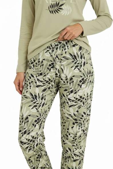 Bravie Üstü Yazılı Altı Yaprak Desenli Elite Viscose Pijama Takımı Uzun Yeşil 3559 - 5