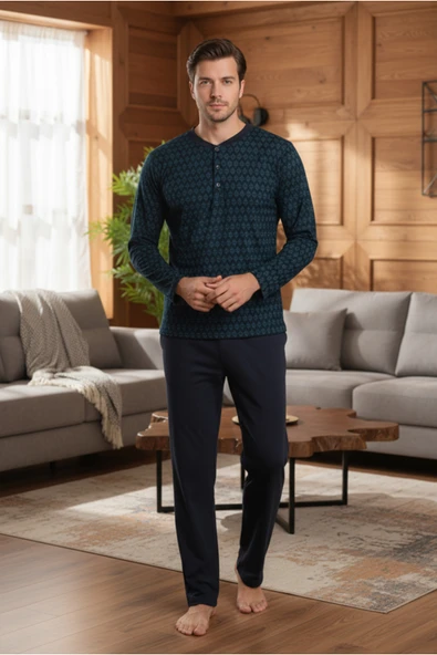 Bravie Yakası Düğmeli %100 Pamuk Erkek Penye Pijama Takımı 9710 Koyu Yeşil