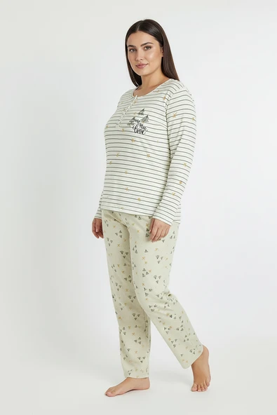 Bravie Üstü Yatay Çizgili Altı Desenli Elite Viscose Uzun Büyük Beden Pijama Takımı Beyaz 3590 - 2