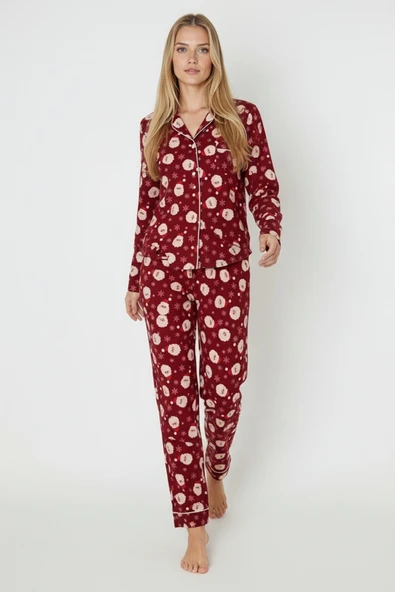Bravie Luxury Soft Bordo Yılbaşı Desenli Uzun Kollu Kadın Pijama Takımı – 3026 - 4