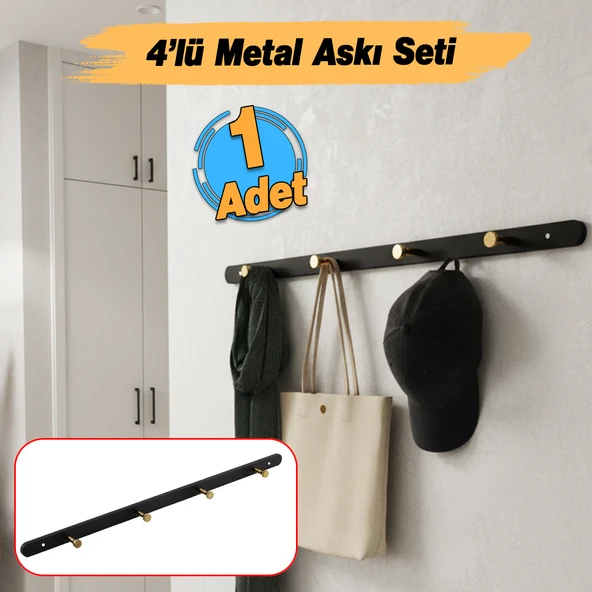 Metal 4'lü Birleşik Portmanto Vestiyer Anahtarlık Askısı Duvar Monteli Vidalı Elbise Asma Siyah Gold - Resim 3