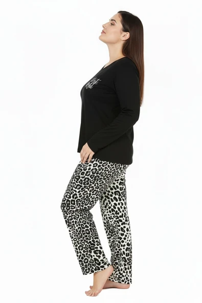 Bravie Üstü Yazılı Altı Leopar Desenli Elite Viscose Uzun Büyük Beden Pijama Takımı Siyah 3588 - 4