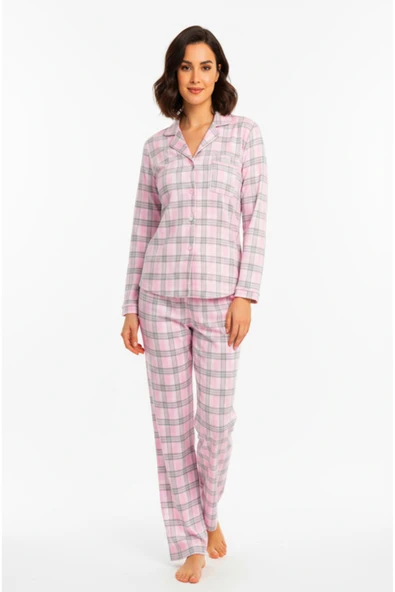 Bravie Luxury Viscose Pembe Ekose Desenli Kadın Uzun Kollu Büyük Beden Pijama Takımı – 42531 - 2