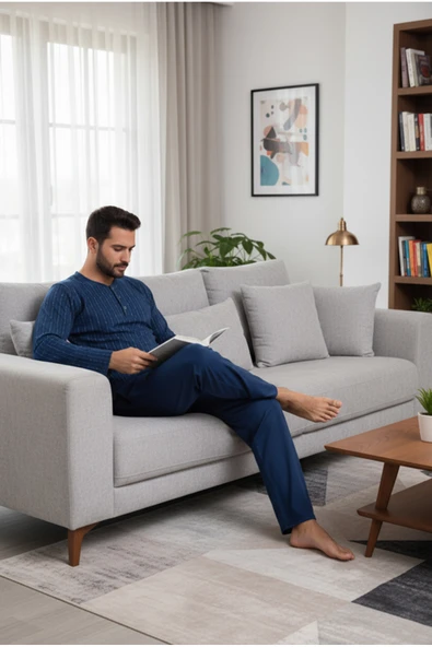 Bravie Yakası Düğmeli %100 Pamuk Erkek Penye Pijama Takımı 9711 Lacivert - 4