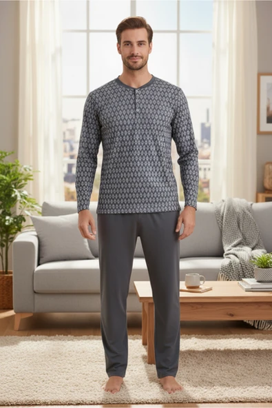 Bravie Yakası Düğmeli %100 Pamuk Erkek Penye Pijama Takımı 9702 Füme