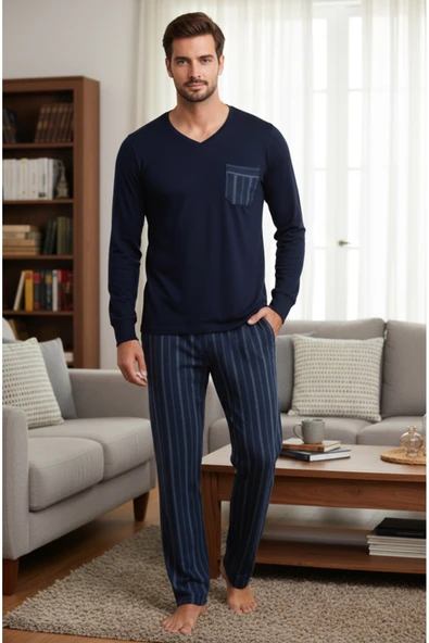 Bravie Luxury Thermal Erkek Pijama Takımı 9746 Lacivert