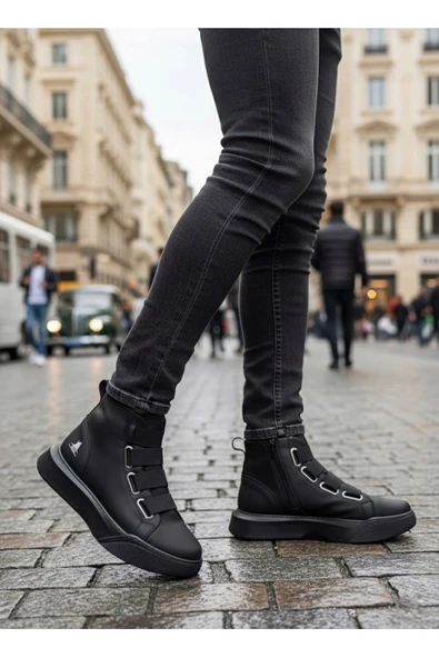 Tarzbu Bantlı Rahat Taban Siyah Yüksek Tabanlı Bağcıksız Erkek Bot Tarz0142 - Resim 4