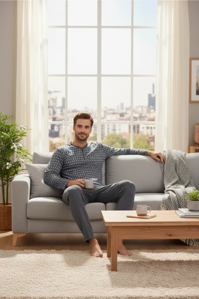 Bravie Yakası Düğmeli %100 Pamuk Erkek Penye Pijama Takımı 9702 Füme - 5