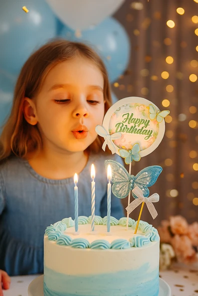Mavi Kelebekli Happy Birthday Pasta Süsü – 3’lü Simli Fiyonklu Zarif Doğum Günü Seti - Resim 2