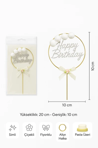 Altın Halkalı Simli “Happy Birthday” Pasta Süsü – Ponponlu ve Fiyonklu Doğum Günü Süsü - Resim 4