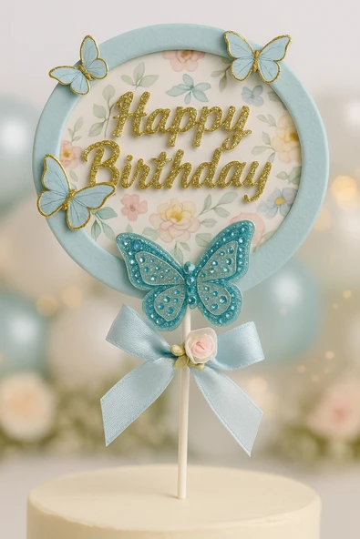 Mavi Kelebekli Happy Birthday Pasta Süsü – 3’lü Simli Fiyonklu Zarif Doğum Günü Seti - Resim 3