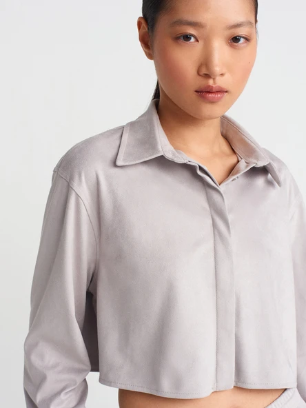 50493 DİLVİN DÖKÜMLÜ SÜET CROP GÖMLEK - Resim 12