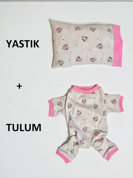 Pembe Minnie Kedi Uyku Seti | Penye Kedi Tulum ve Mini Yastık Takımı | Pamuklu | Tüy Dökülmesini Azaltır | - Resim 2