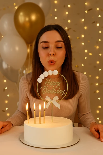 Altın Halkalı Simli “Happy Birthday” Pasta Süsü – Ponponlu ve Fiyonklu Doğum Günü Süsü - Resim 2
