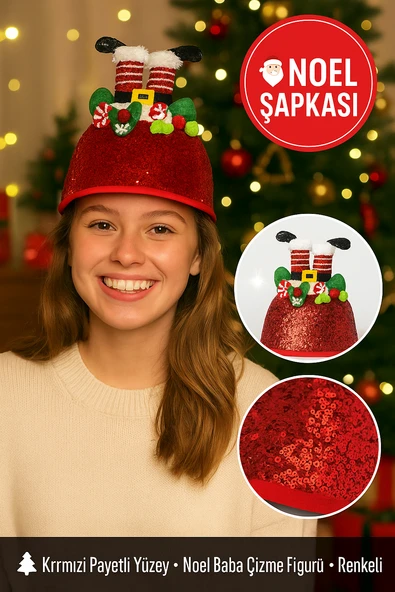 Kırmızı Payetli Noel Şapkası – Çizme Figürlü, Ponpon ve Fiyonk Detaylı Her Yaşa Uygun Parti Aksesuarı ürün görseli 1