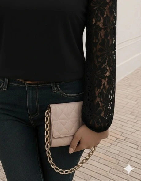 MDB Kadın Uzun Kollu Asimetrik Yakalı Dantelli Ithal Krep Bluz - Resim 3