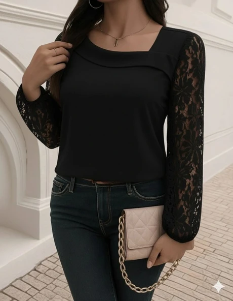 MDB Kadın Uzun Kollu Asimetrik Yakalı Dantelli Ithal Krep Bluz ürün görseli 1