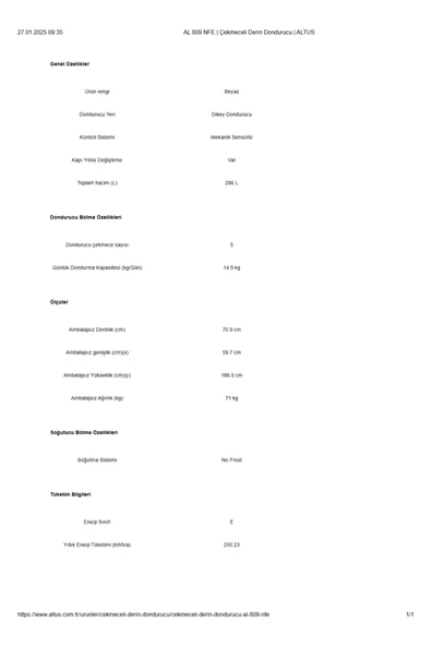 AL 809 NFE 8 Çekmeceli Dikey No Frost Derin Dondurucu - Resim 4