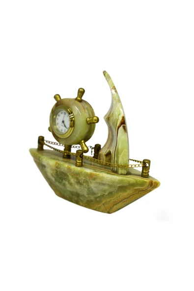 1001Hediye Oniks Taş Vapur Figürlü Saat - Doğal Onik Taş Figür (damarlı akik taşı) - Resim 3