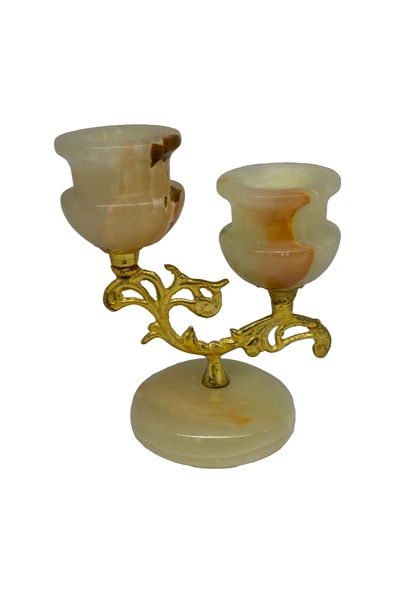 Oniks Doğal Taştan 2 li Şamdan - Dekoratif Prinçli Doğal Taş Şamdan ( damarlı akik ) - Resim 2