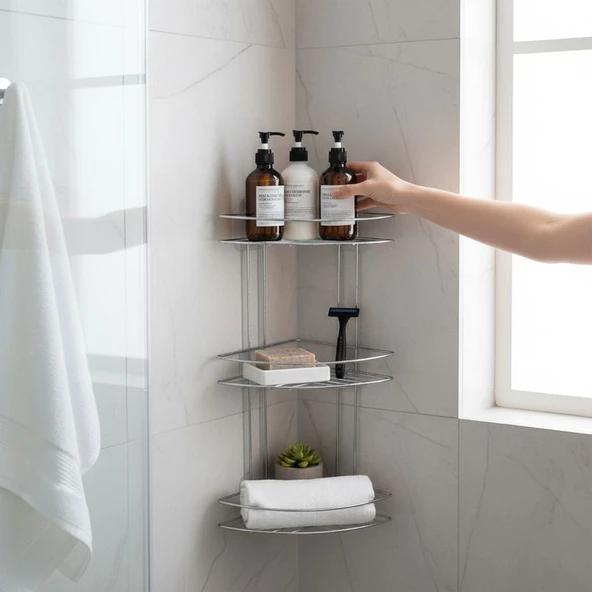 Köşe Rafı Üç Katlı Krom Banyo Duş Şampuanlık Paslanmaz Metal Duvar Tipi Düzenleyici Organizer - Resim 5