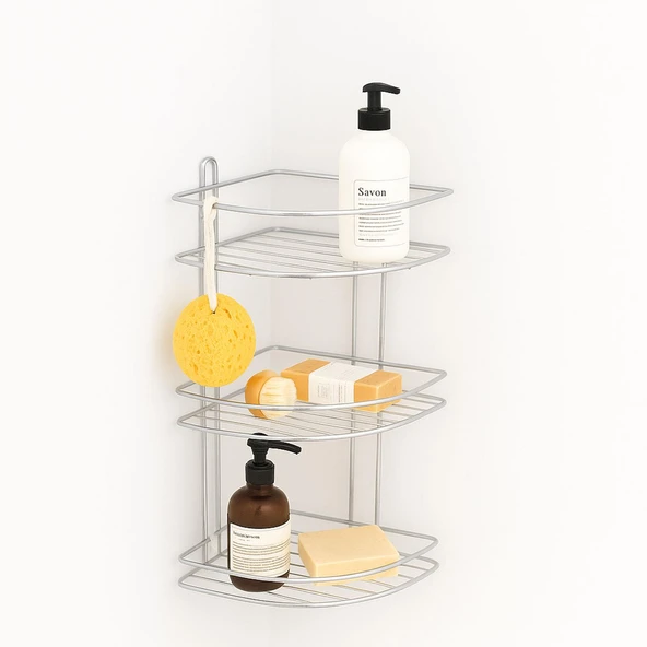 Köşe Rafı Üç Katlı Krom Banyo Duş Şampuanlık Paslanmaz Metal Duvar Tipi Düzenleyici Organizer ürün görseli 1