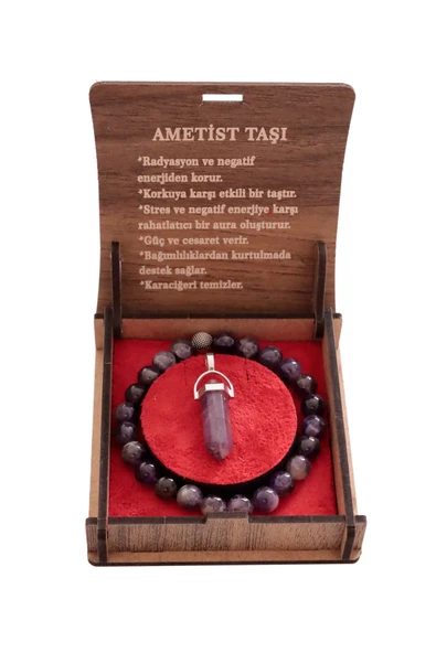 taru pasaj Güç ve Cesaret Veren Ametist Taşı Bileklik & Kolye - Şık Hediye Kutusunda - 2