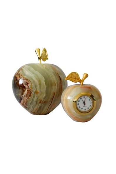 taru pasaj Oniks Doğal Taş Elma Biblo 3'inç ve Elma Şeklinde Masa Saati 2'inç- Dekoratif Set - Resim 4