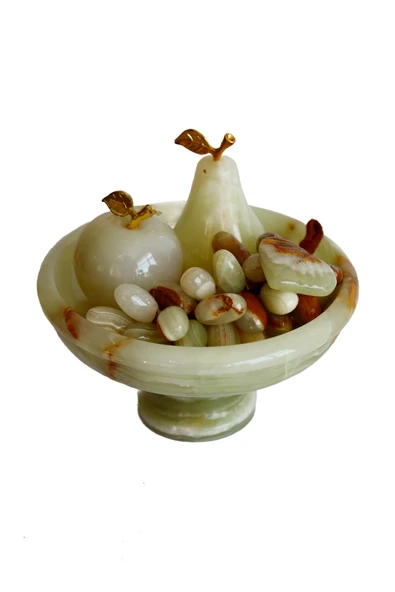 taru pasaj Doğal Oniks Taş Meyve Seti – 6 İnç Ayaklı Çanak, El Yapımı Armut-Elma-Üzüm Dekor ürün görseli