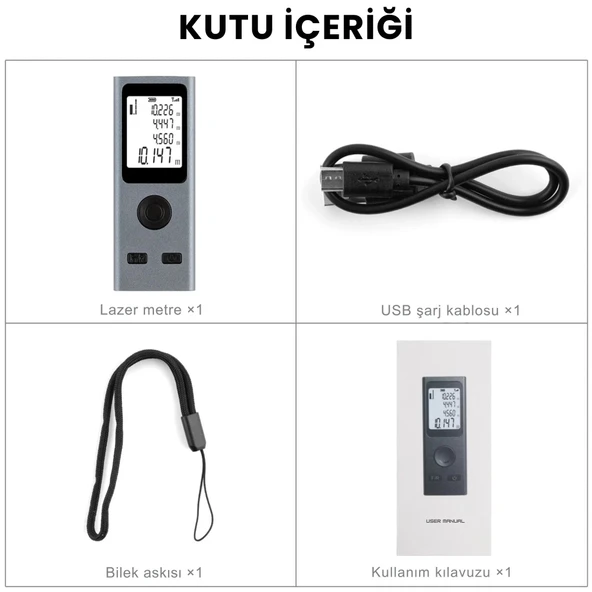 ShopyTech Mini USB Şarjlı Lazer Metre 50 m Dijital Mesafe Ölçer Alan/Hacim Hesabı Pisagor Sürekli Ölçüm - Resim 4