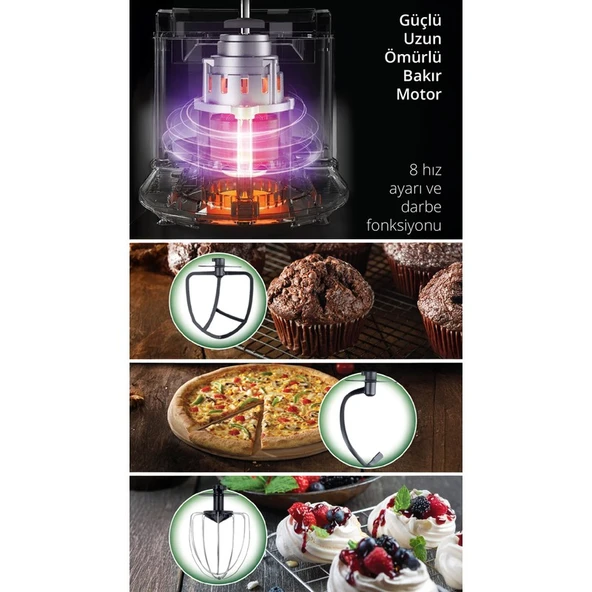 Kiwi KMX-3638 Hamur Yoğurma & Stand Mikser 5,3 Lt 1300W Mutfak Şefi - Resim 5