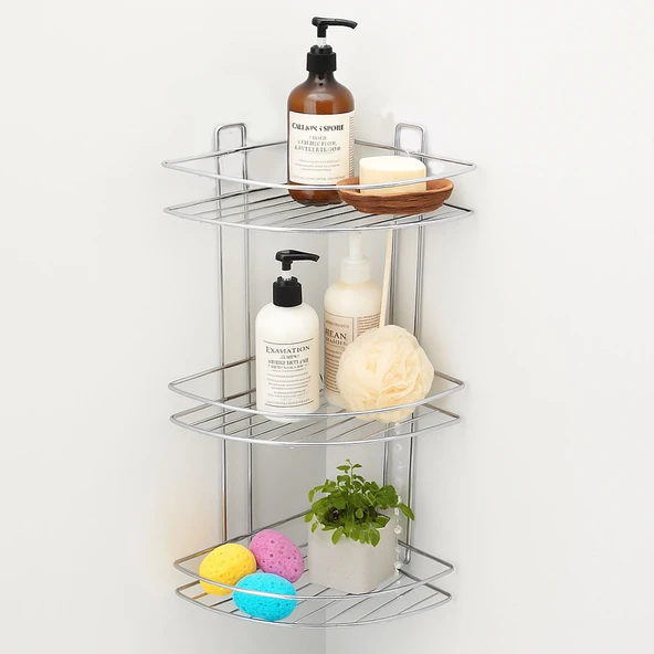Köşe Rafı Üç Katlı Krom Banyo Duş Şampuanlık Paslanmaz Metal Duvar Tipi Düzenleyici Organizer - Resim 6
