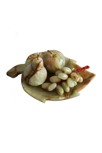 taru pasaj Doğal Oniks Taşından Yapılmış Dekoratif Meyve Seti – 8 inç Yaprak Tabak, Elma, Armut ve Üzüm Biblosu - Resim 2
