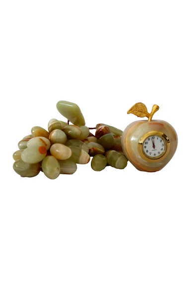 taru pasaj Oniks Taş Masaüstü Dekor Seti 2 inç Elma Saat & 50 Taneli Üzüm Salkımı Şık Hediyelik ürün görseli