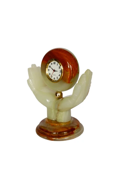 taru pasaj "El Yapımı Doğal Taş El Şeklinde Masa Saati - Şık Dekoratif Oniks Saat ve Hediyelik Eşya" - Resim 3