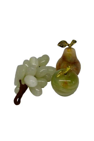 taru pasaj Oniks Taşından 3'lü Dekoratif Meyve Seti: Elma, Armut ve Üzüm - Şık Ev ve Ofis Dekoru - Resim 2