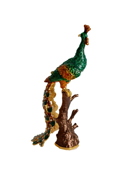 taru pasaj Kristal Taş İşlemeli Metal Tavus Kuşu Biblo – Ağaç Üzerinde Dekor – 18x9 cm - Resim 2