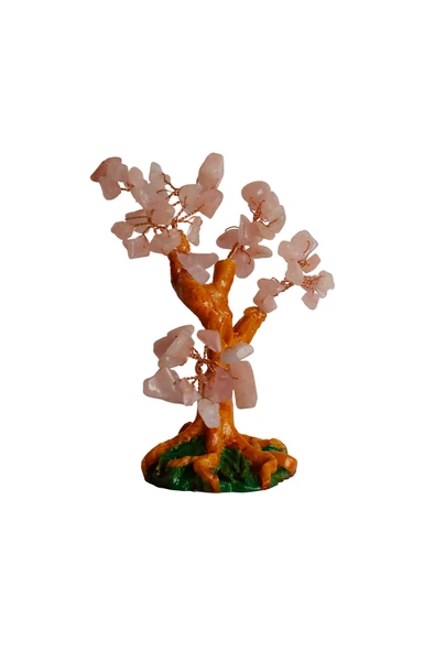 taru pasaj Pembe Kuvars Doğal Taşlı Hayat Ağacı Biblo - 16x14 cm El Yapımı Enerji Dekoru ürün görseli