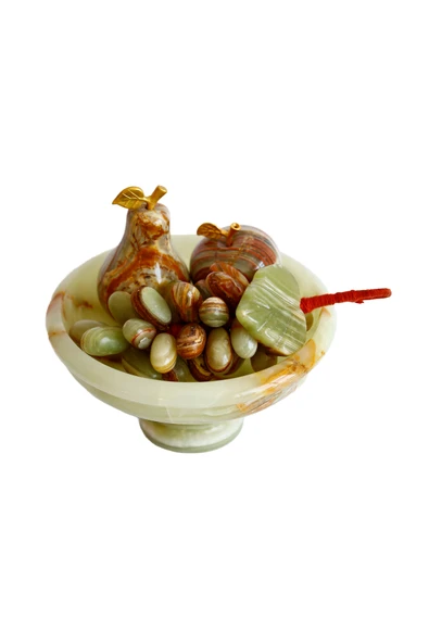 taru pasaj Doğal Oniks Taş Meyve Seti – 6 İnç Ayaklı Çanak, El Yapımı Armut-Elma-Üzüm Dekor ürün görseli