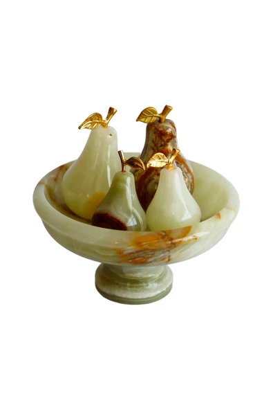 taru pasaj El Yapımı Doğal Oniks Taş Armut Seti ve 6 İnç Çanak - Dekoratif Ev Aksesuarı, Bereket Sembolü - Resim 2