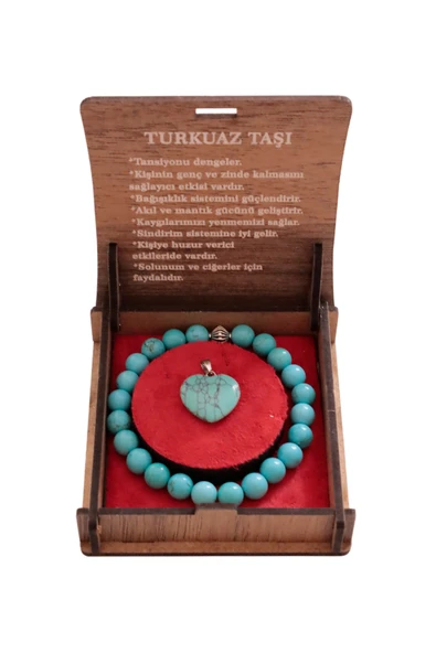 taru pasaj Hediye Kutulu Doğal Turkuaz Taşlı Bileklik ve Kalp Kolyeli Set ürün görseli