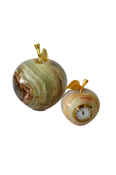 taru pasaj Oniks Doğal Taş Elma Biblo 3'inç ve Elma Şeklinde Masa Saati 2'inç- Dekoratif Set - Resim 3