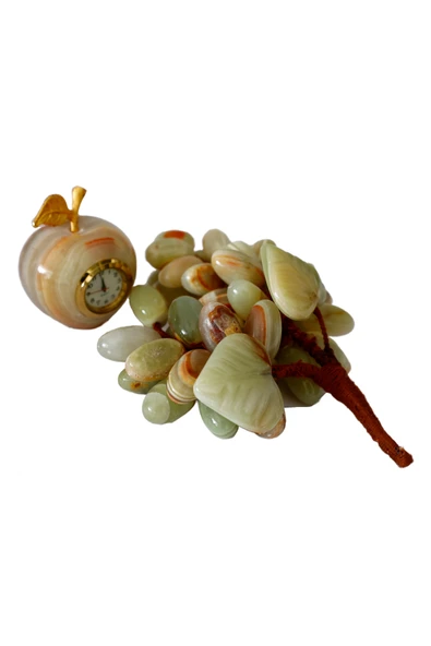 taru pasaj Oniks Taş Masaüstü Dekor Seti 2 inç Elma Saat & 50 Taneli Üzüm Salkımı Şık Hediyelik - Resim 3