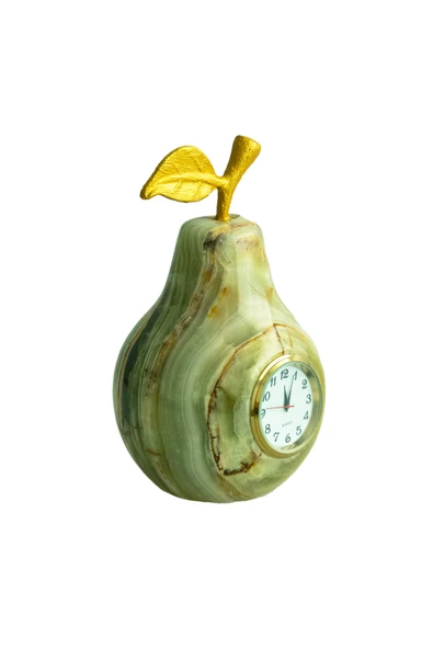 Oniks Dekoratif Taş Masa Saati - Armut Figürlü, Damarlı Akik Taşı Saat - Resim 3