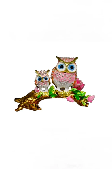 taru pasaj Dekoratif Anne ve Yavru Baykuş Figürü – Kristal Taşlı Metal Obje - Resim 4