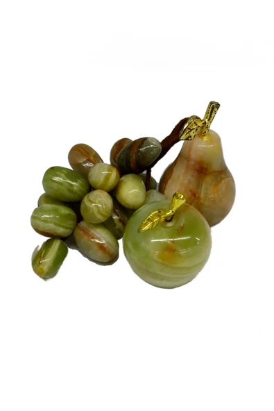 taru pasaj Oniks Taşından 3'lü Dekoratif Meyve Seti: Elma, Armut ve Üzüm - Şık Ev ve Ofis Dekoru - Resim 3