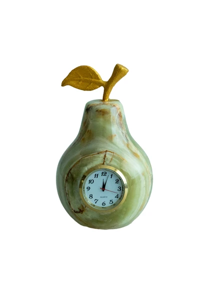 Oniks Dekoratif Taş Masa Saati - Armut Figürlü, Damarlı Akik Taşı Saat ürün görseli