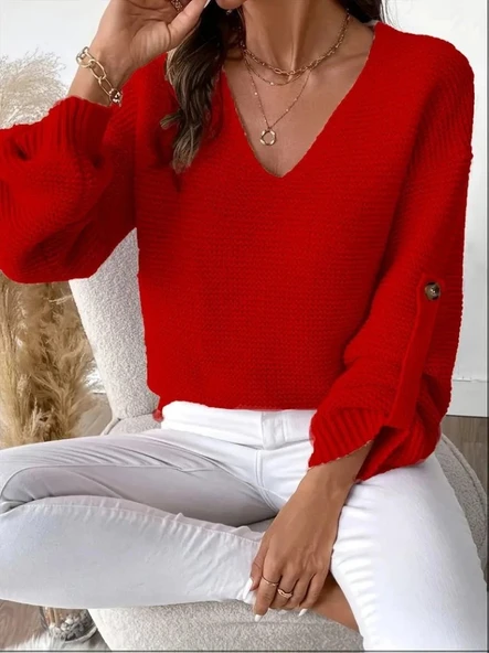 MDB Kadın Uzun Kollu V Yakalı Düğmeli Triko Bluz - Resim 2