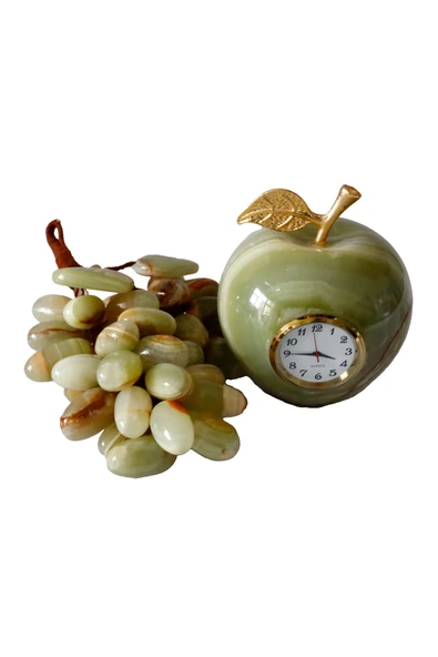 taru pasaj Oniks Doğal Taş Elma Saat ve 50 Taneli Üzüm Dekor Seti - Feng Shui ile Evinize Şıklık Katın! ürün görseli