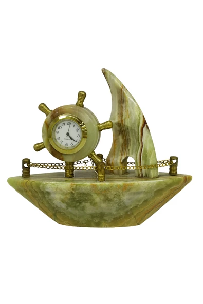 1001Hediye Oniks Taş Vapur Figürlü Saat - Doğal Onik Taş Figür (damarlı akik taşı) ürün görseli